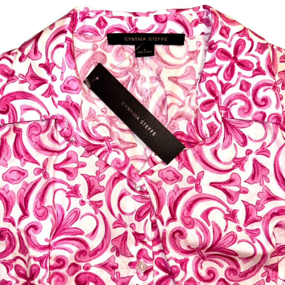 CYNTHIA STEFFE | Paisley Print Collared Button-Up Belted Mini Dress Size Small - Picture 3 of 6